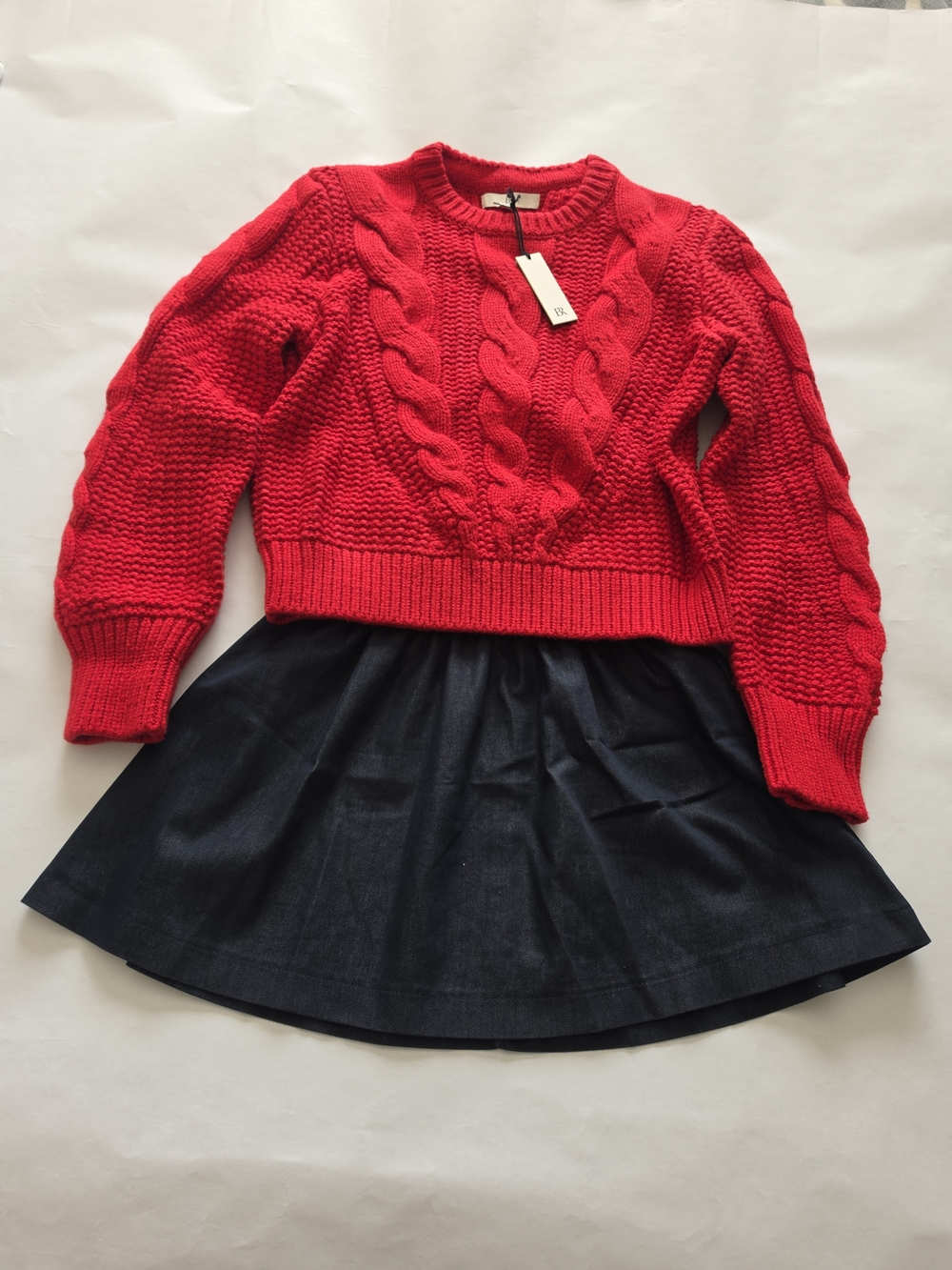 Banana Republic Red Cable-Knit Crewneck Sweater With Miley Cyrus Denim Skirt